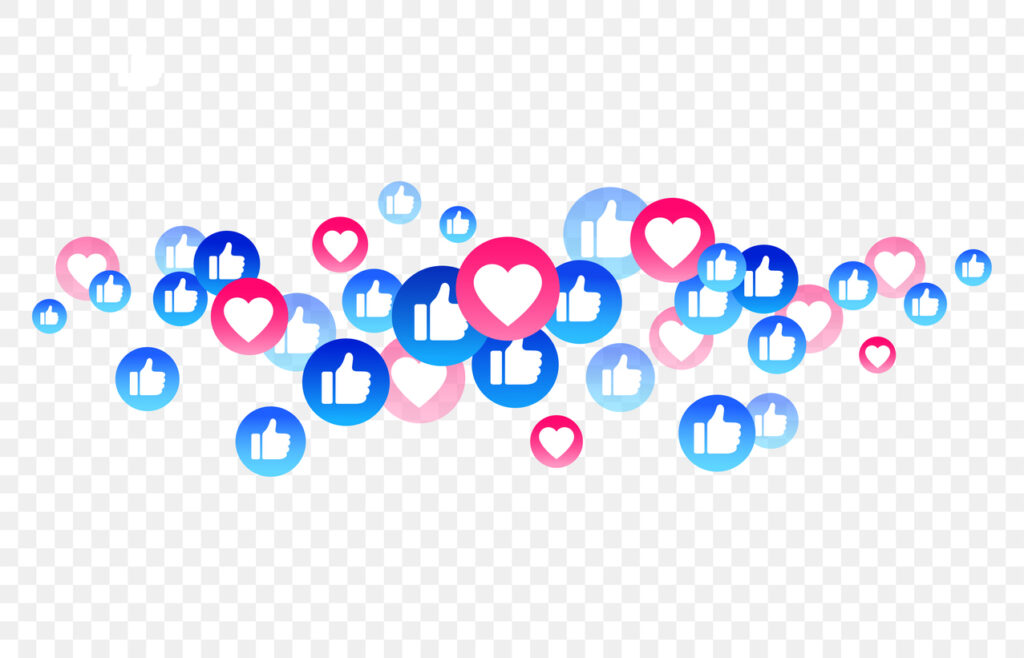 Blue, red bubble with thumb up like, heart icons