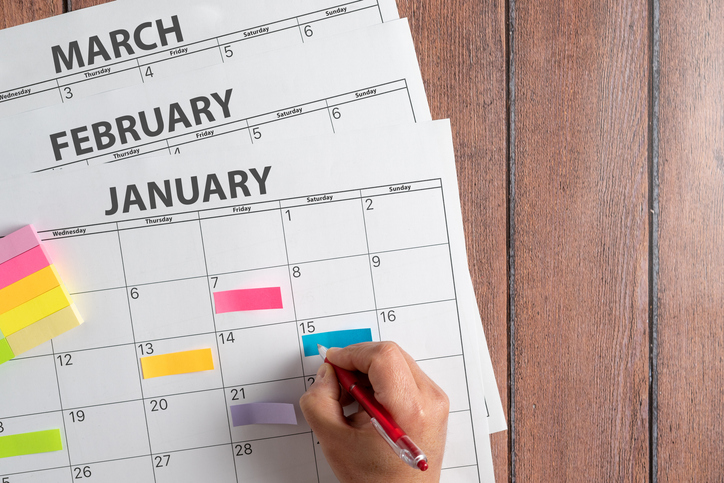 notes on calendar, colour coded for differentiation