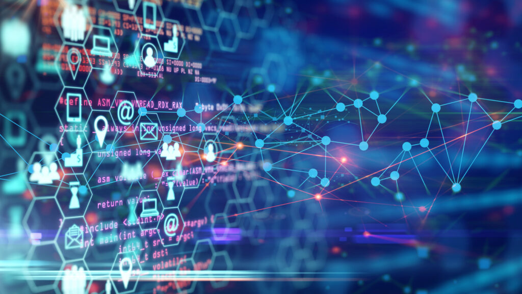 Technology icons transfer data through programming codes, artificial intelligence concept