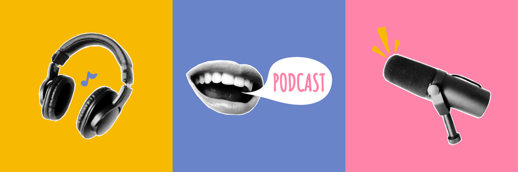 3 illustrations, showing headphones, podcast and microphone